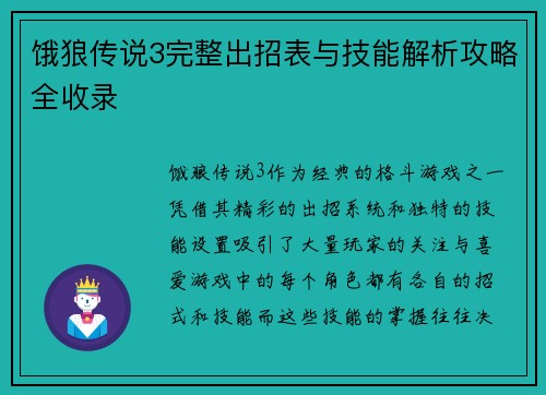 饿狼传说3完整出招表与技能解析攻略全收录